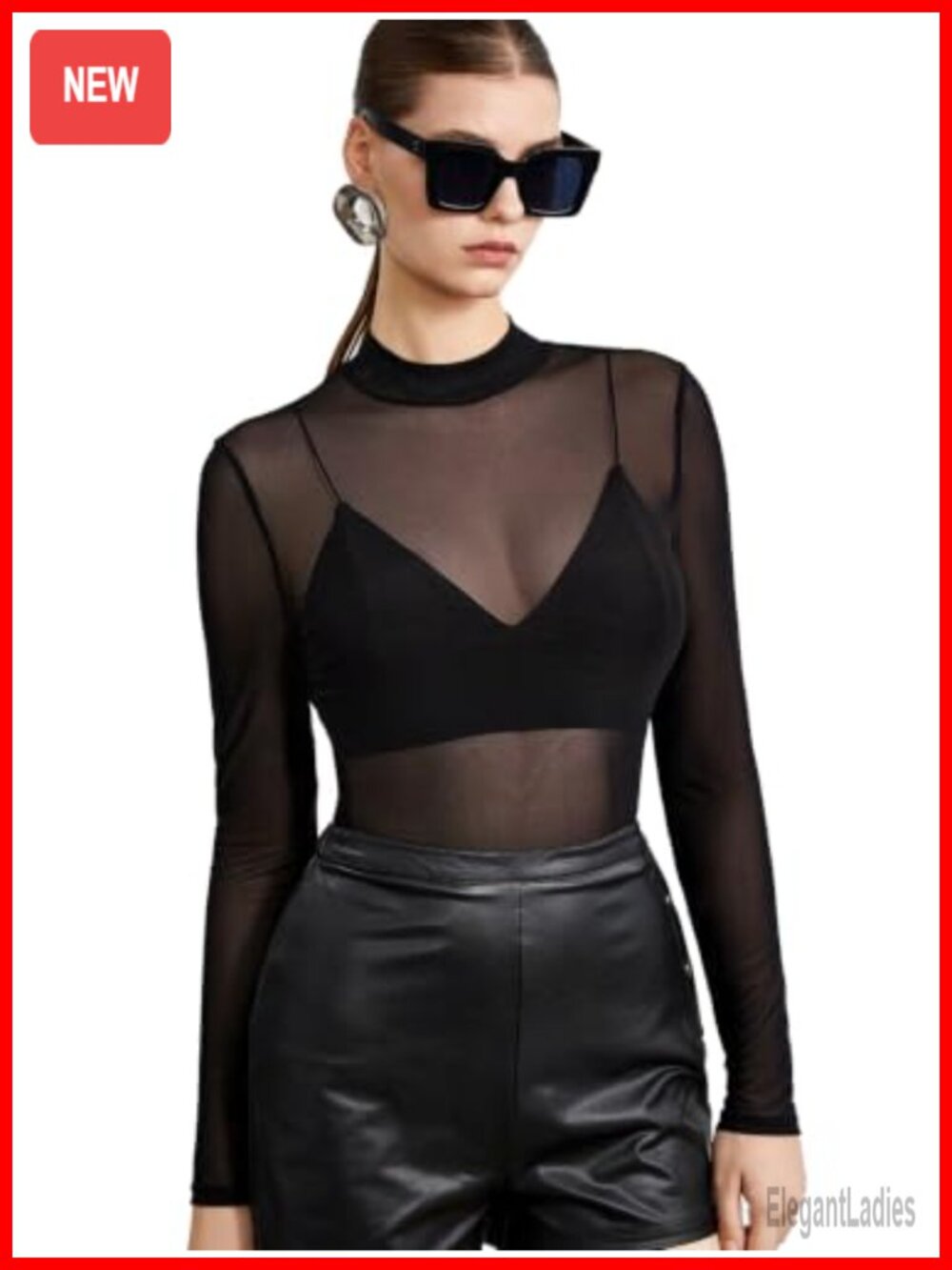 Mesh Sheer Long Sleeve Mock Neck Fitted T-Shirt Y2K Going Out Top